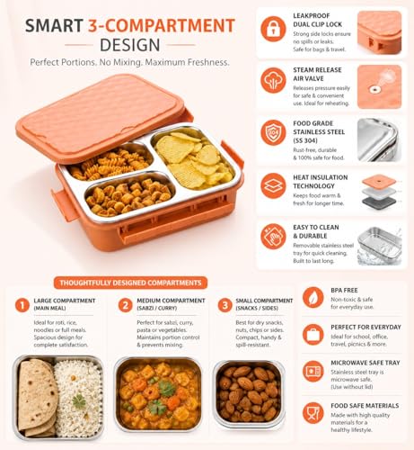 Image of Insulated Stainless Steel Lunch Box with Textured Lid | 3 Compartments | 525ml | BPA Free | Leakproof | Microwave Safe Without Lid | Bento Tiffin Box for Office School Travel (Orange, 3)