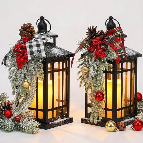 Huwena 2 Pcs Christmas Lanterns Decorative Indoor Xmas LED Candle Lanterns Decorations 12 Inch Metal Vintage Lighted Lantern for Outdoor Holiday Party Table Centerpieces Fireplace Decoration by Huwena - Used condition - US$35.37
