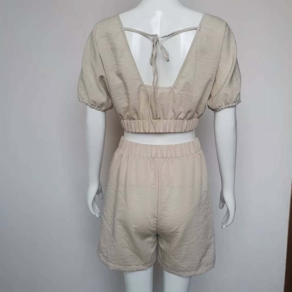 Magliette Donna, T-Shirt Da Donna Pantaloncini 2 Pezzi Completi Kaki Tinta Unita Girocollo Schienale Senza Schienale Cravatta Outfit Estate Manica Corta Con Tasca Pantaloni Elastico Vita Alta Mini P