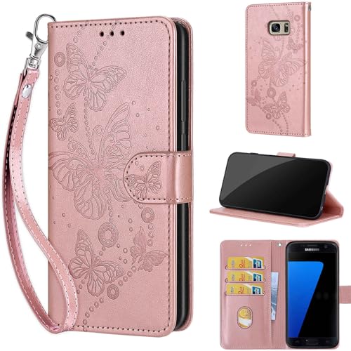 Funda para Samsung Galaxy S7 Carcasa, Funda de Premium Cuero de Flip Móvil Plegable con [Ranura para Tarjeta] [Función de Soporte] Compatible para Samsung Galaxy S7 Rosa Dorado