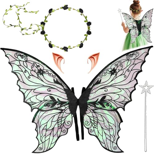 Feenflügel Kostüm,Feenflügel Erwachsene,Schmetterlingsflügel mit Elfenohren,Fee Stirnband und Sterne Feenstäbe,Prinzessinnenflügel Damen,Geeignet Fasching Karneval Geburtstag Cosplay Party Halloween