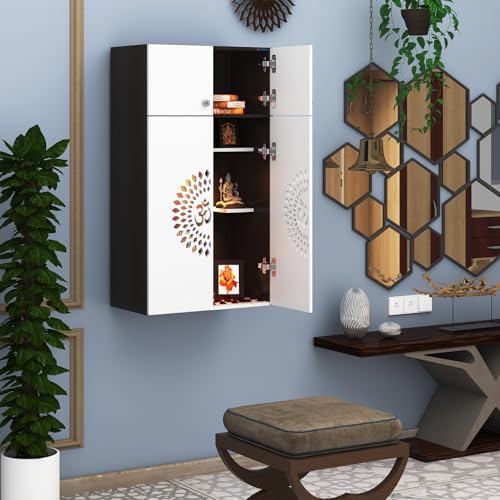 Image of Anikaa OMYA Engineered Wood Home Temple Wall Mount & Floor Standing Wooden Modern Pooja Mandir with LED Light, Om Laser Cut Design | Storage Cabinet with Hinge Doors (Wenge, DIY Installation)