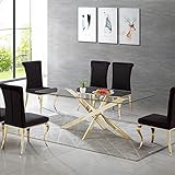 Modern Glass Top Dining Room Table for 6, Contemporary Kitchen Table with Rectangular Tempered Glass