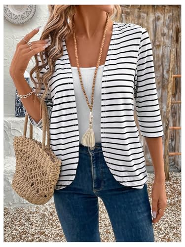 Verdusa Women's Striped Open Front Jacket Business Casual 3/4 Sleeve Outerwear4