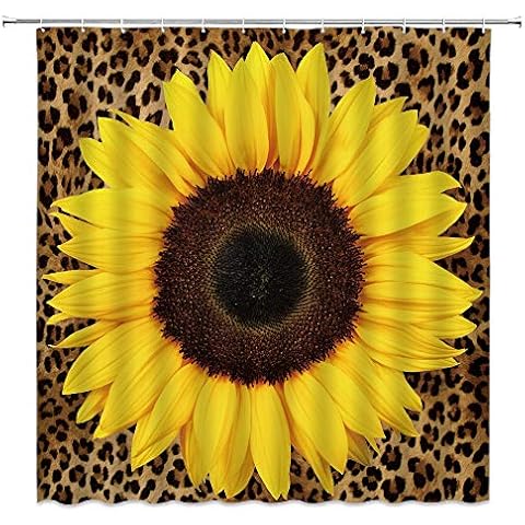 Sunflower Yellow Flower Mix Wild Safari Animal Panthera Big Cat Leopard Pattern Background Creative Art Bathroom Home Decor with Hooks,Brown Yellow, 71incheWX71incheH 180x180cm Cover