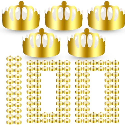 Crtiin 100 Pcs Gold Paper Crowns Bulk for Adult Kids Birthday Party Classroom, King Queen Craft Prince Princess Hat (Round Style)