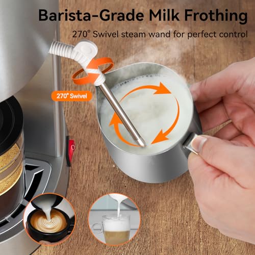 Queyd 3.5 Bar Espresso Machine,4-Cup Stainless Steel Coffee Maker with Steam Milk Frother, Compact Design Coffee Machine with Removable Drip Tray for Latte and Cappuccino, Silver