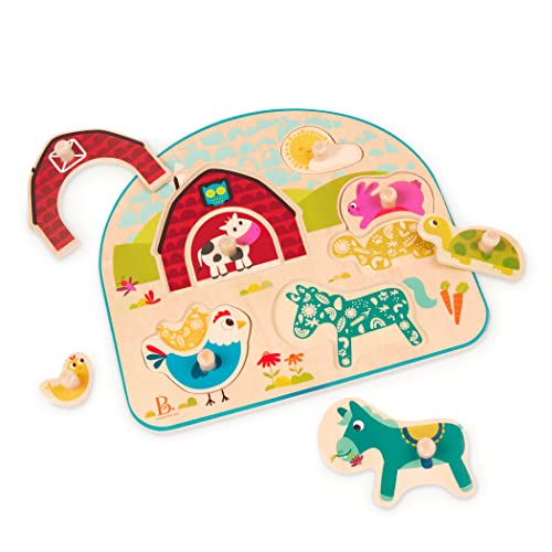 Image of B. toys- Animal Barnyard- Wooden Peg Puzzle – Farm Puzzle – Animal Peg Puzzle for Toddlers, Kids – 8 Chunky Pieces – 18 Months +