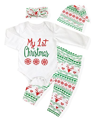 oklady 4Pcs My First Christmas Clothing Toddler Baby Boys Girls Rompers Long Sleeve Newborn Outfits Set (70/0-3 Months)
