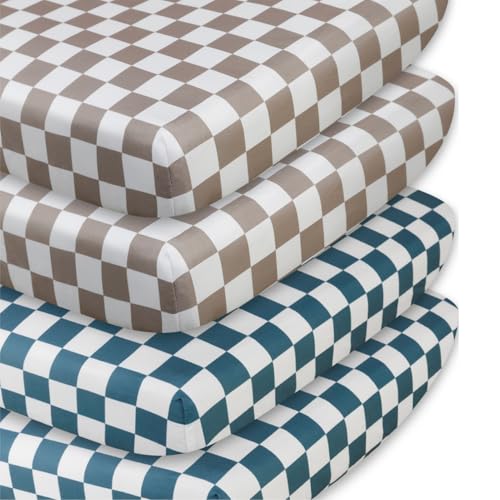 Image of 4 Pack Checkered Crib Sheets Neutral Breathable Fitted Baby Sheets Nursery Sheets for Baby Boys or Girls (Crib Sheet)