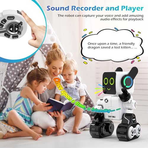 HBUDS Rechargeable RC Robot Toy for Kids - Interactive Intelligent LED Light, Speaks, Dances, Built-in Coin Bank (White)