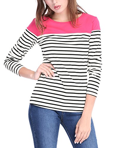Allegra K Women's Striped Top Long Sleeve Round Neck Tops Trendy Casual Striped Shirts X-Large Black