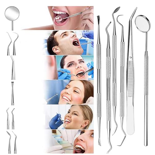 Image of Teeth Cleaner Tool Kit Stainless Steel Plaque Tartar Remover Set of 6 with Metal Case, Tweezers, Oral Mirror, Teeth Cleaner, Probe, Stain Remover