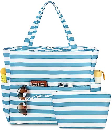 Image of LEDAOU Large Beach Bag Women Waterproof Sandproof Zipper Beach Tote Pool Bag for Swim Gym Grocery Travel with Wet Pocket
