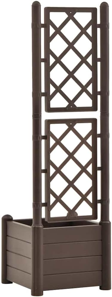 Large Mocha Polypropylene Garden Planter with Trellis 16.9 x 16.9 x 55.9 in UV-Resistant Matte Raised Planter Box for Climbing Plants, Balcony Patio Outdoor Use