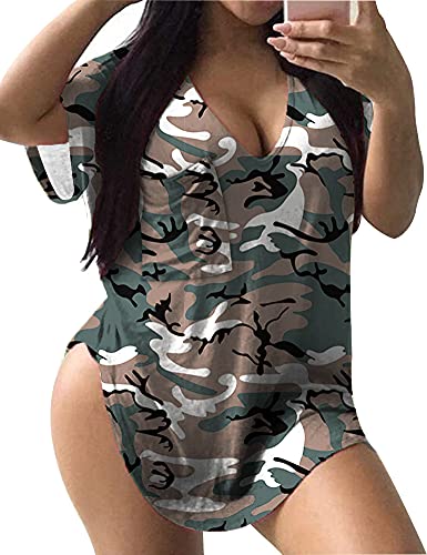 ALLEGRACE Plus Size Tunic Tops Women Floral Short Sleeve Tunics Summer Top Shirts P201 Camouflage 3X
