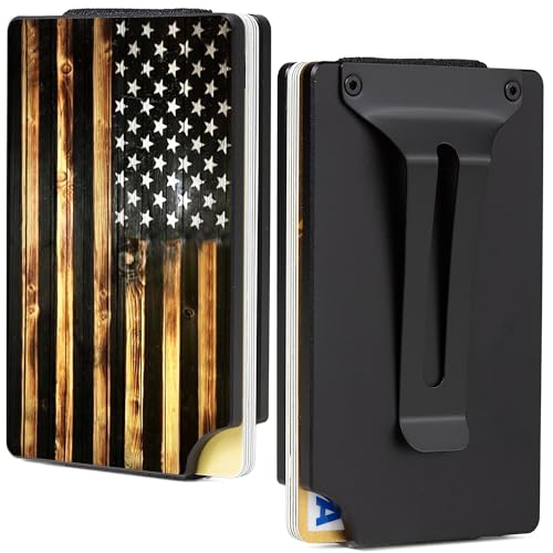 Image of Minimalist Carbon Fiber Wallet for Men, Money Clip Cash Strap Wallet, RFID Blocking Metal Wallet Aluminum Card Holder,Front Pocket Wallet-Wood Flag