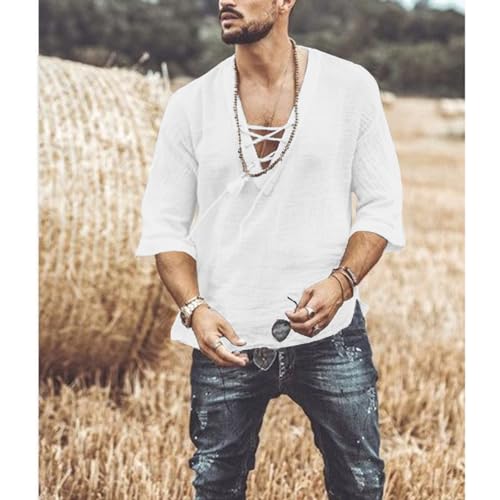 Men's Fashion Shirt Short Sleeve Beach V-Neck Drawstring Printing Yoga African Summer Top3