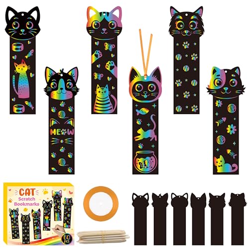 CY2SIDE Kratz-Lesezeichen mit Katze, Tiere, Bastelset für Kinder, DIY-Katze, Regenbogenfarben, Papierkarten, Geburtstagsdekorationen, niedliches Katzenspielzeug, magisches Kunstprojekt, Partyzubehör