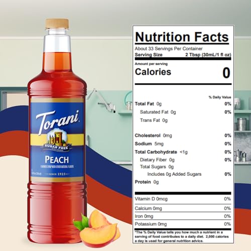 Image of Torani Sugar Free Peach Syrup 1L Bottle with Pump - Keto, Zero Sugar