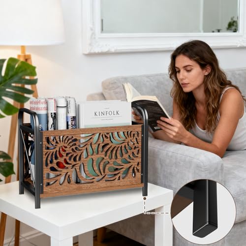Optyuwah Zeitungsständer Holz Zeitschriftenhalter modern Zeitungshalter,Elegantes Skelett-Muster Magazinständer Aufbewahrungskorb Magazinsammler Aufbewahrung Organizer für Kataloge 33x26x17cm