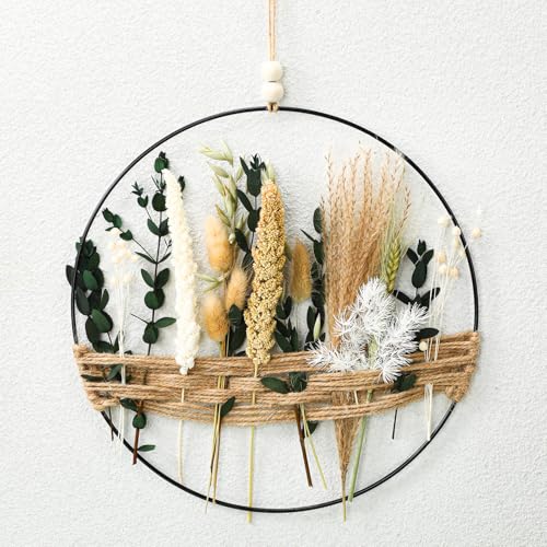 Yuntau 11.81 inch Boho Hoop with Dried Flower Wall Hanging Decoration Floral Hoop Wreaths Rustic Farmhouse Metal Ring with Jute Cord Blooms Metal Floral Garland for Window Door Home Room Wedding Decor