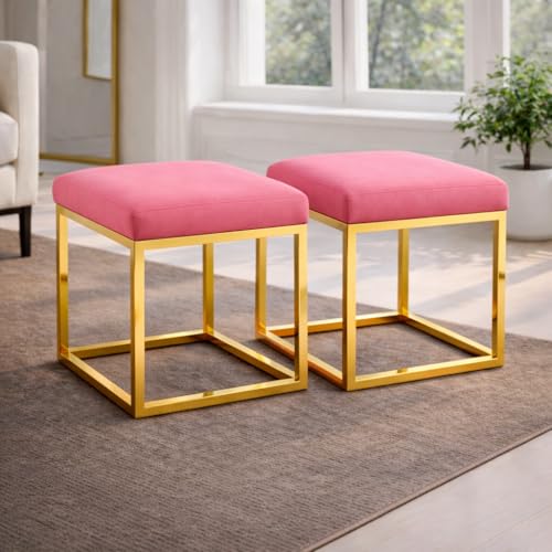 Image of Square Metal Ottoman /Sitting Stool /Living Room Furniture /Office, Velvet Footstool /Footrest Pouffes Home Decor (Set of 2 Pink) - 30.48 Cm, 38 Cm