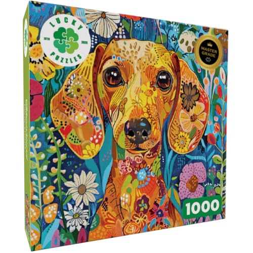 Rompecabezas Lucky Puzzles de 1000 piezas para adultos: Bloomhound – Dachshund en un jardín floral, acabado satinado, piezas cortadas al azar, para mayores de 14 años miniatura 2