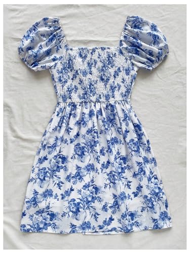 Floerns Women's Floral Puff Sleeve Square Neck A Line Dress Ruched Bust Boho Flared Mini Dresses2