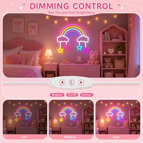 Image of Rainbow Star Neon Sign, Colorful LED Wall Light, USB Powered Dimmable Rainbow Sign for Girls Bedroom, Nursery, Playroom and Classroom Decor, Room Makeover Gift Idea, 17.3 x 13.4 Inches