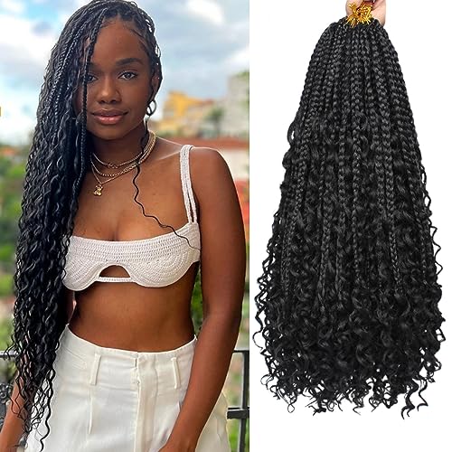 COOKOO 8 Packs Goddess Box Braids Crochet Hair 18 Inch Bohemian Hippie Box Braids Crochet Hair with Curly Ends Synthetic Crochet Braiding Hair for Black Women 1B#