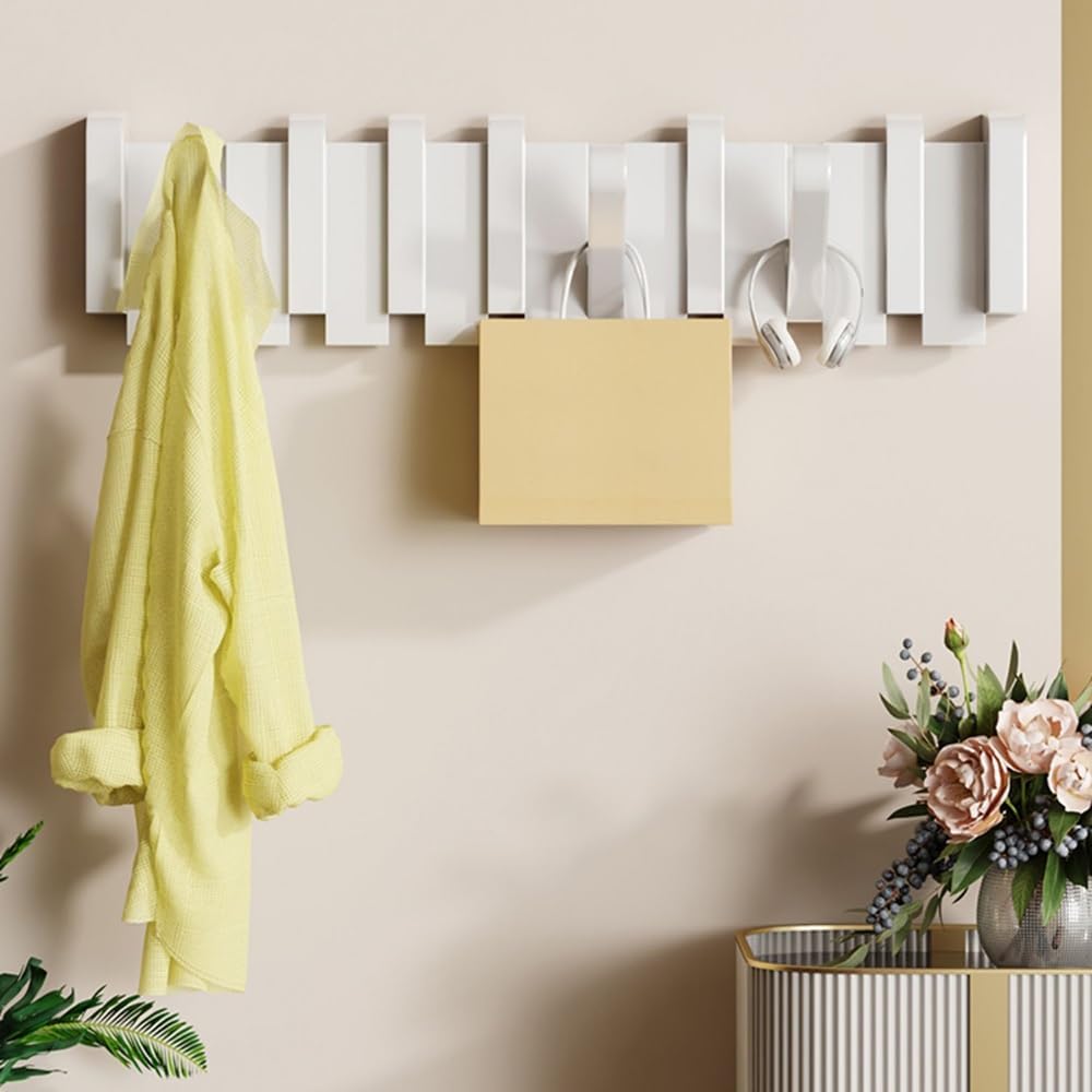 Wall Hook，Door Hook, Solid Wood Wall-Mounted Coat Rack, Modern, , Space-Saving Hidden Magnetic Attraction Towel Rack, Piano-Style Design, Stylish Coat Hooks(Color:White,Size:8 Hooks)(Black,4 Hooks)