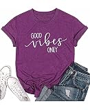 Qrupoad Good Vibes Only T-Shirt Womens Summer Casual Short Sleeve Letter Print Graphic Tees Tops Purple