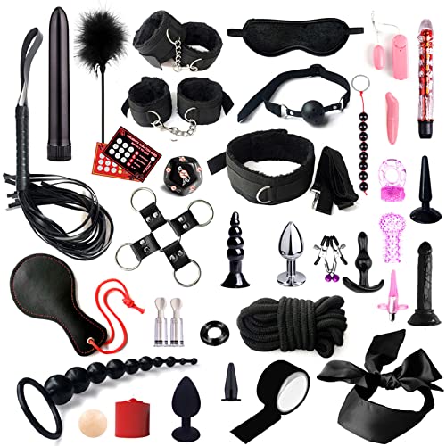 Layhou 35Pcs Webbing Straps Anal Plug Sexual Toys Set Handcuffs Ankle Cuffs Eye Mask Feather Stick Mouth Ball Nipple Clamps (Battery not Included)