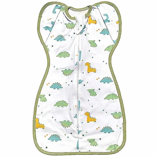 Image of Transitional Dinosaur Swaddle Sack for Baby Swaddle with Arms Up Design Arms Free with Snap Button Mitten Cuffs 2-Way Zipper Sleeping Bag for Newborn Baby 0-3 Months Boys and Girls (Green, Small)