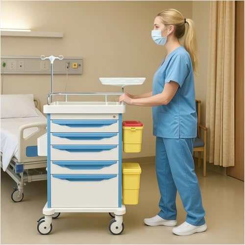 Notfall-Crashwagen mit Zubehör, IV-Stange, Herzbrett, O2-Halter, mobiler Wagen, Mülleimer, Schublade für Klinik, Pflegezentrum, 76,2 cm L x 48,3 cm B x 96,5 cm H (Blau)
