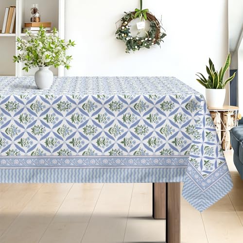 hometrixx Mantel Rectangular Antimanchas Hojas Flores Azules Manteles Lavable Poliéster Impermeable Cubre Mesas Hule para Comedor Cocina Cumpleaños Festivosr, 140x180 cm