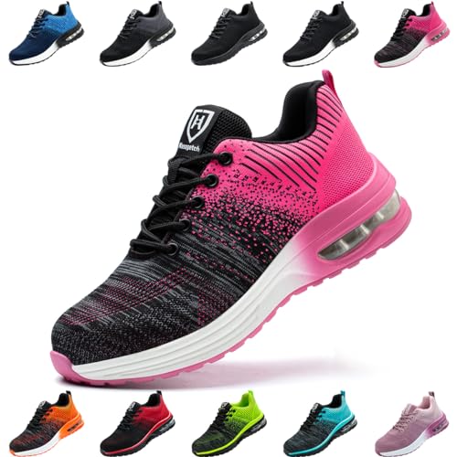 Zapatos de Seguridad Hombre Mujer Zapatillas Trabajo Ligero Comodo Calzado de Seguridad con Punteras de Acero Transpirable Antideslizante Rosa EU 39