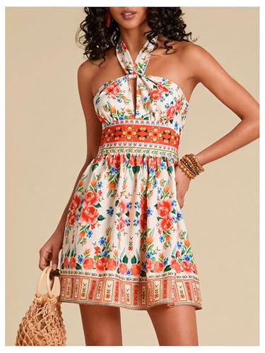 Image of Floerns Women's Floral Print Sleeveless Halter Neck Tie Back Summer A Line Dress