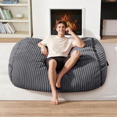Image of 4FT Bean Bag Chair 4'Big Bean Bag Chairs with Adults, Large Beanbag Chair | Bean bag Lounger with Machine Washable Cover Corded Plush Fabric, Comfy Chairs for Living Room Bedroom Dorm, Darkgrey