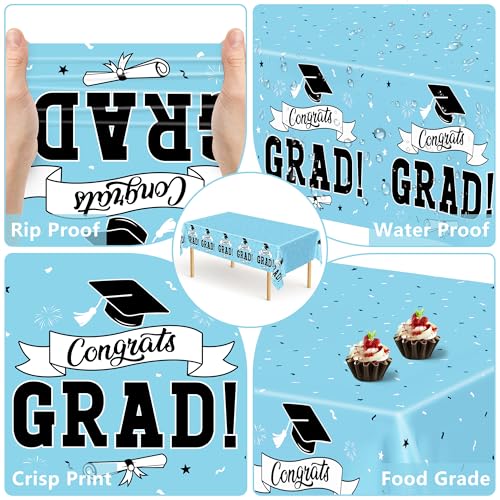 Image of 2Pcs Graduation Tablecloth, 108 inch X 54 inch Skyblue Graduation Table Decor 2026, Rectangle Table Covers for Class 2026 Congrats Grad, Disposable Plastic Tablecover for Grad Decor Party Supplies for Kids