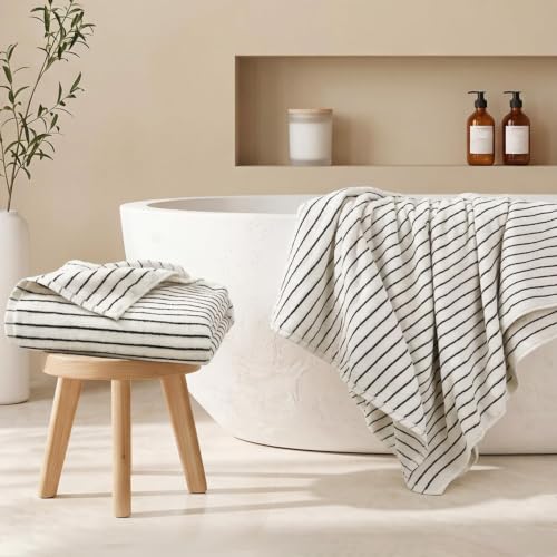 Image of Black & Cream Striped Bath Sheets Set of 2, Extra Large Bath Towels