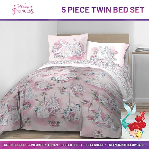 Image of Disney Princess Twin Comforter Set 5 Piece Floral Bedding for Girls, Pink