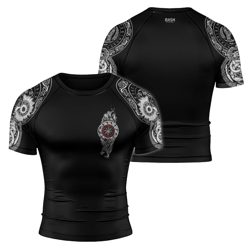 Viking Tatoo Men's Short Sleeve Rash Guard Baselayer Compression Shirt for BJJ MMA Jiu Jitsu Wrestling Training