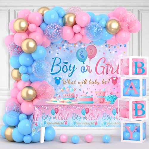 Image of Baby Gender Reveal Party Decorations - Pink Blue Balloon Arch Garland Kits With 4pcs Balloon Boxes, Backdrop and Tablecloths for Baby Shower, Boy or Girl Gender Reveal Party Ideas Supplies