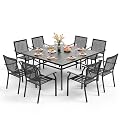 PHI VILLA 9 Pieces Patio Dining Table Set for 8, 60” Square Metal Wrought Iron Dining Table & Stackable Dining Chairs, Large Dining Furniture Set for Outdoor Deck, Yard, Porch