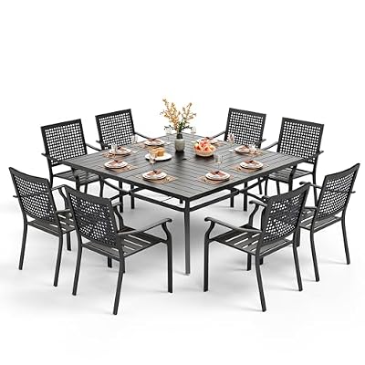 PHI VILLA 9 Pieces Patio Dining Table Set for 8, 60” Square Metal Wrought Iron Dining Table & Stackable Dining Chairs, Large Dining Furniture Set for Outdoor Deck, Yard, Porch