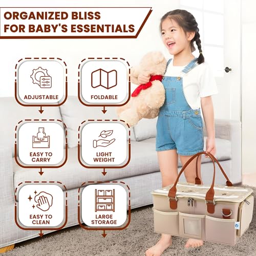 Image of OCEANEVO Cute Felt Diaper Caddy Organizer Bag with Lid and Removable Shoulder Strap | Baby Basket Essentials for Newborn Baby Products Storage with Compartments | 40 x 27 x 19 cm | Model 2 - Beige