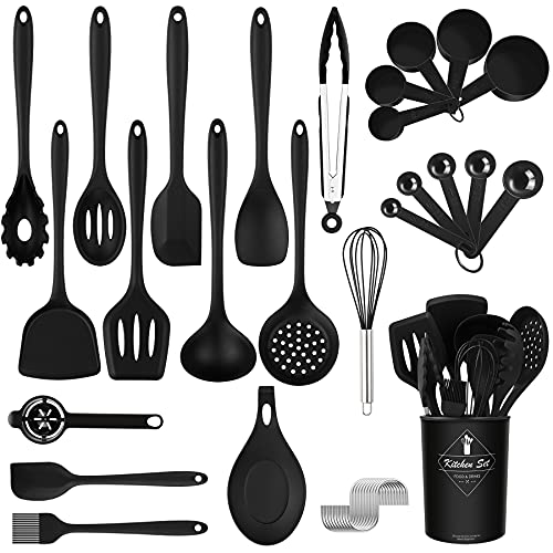 FUKTSYSM Kitchen Cooking Utensils Set - 35pcs Silicone Cooking Utensils Set, Silicone Kitchen Utensils, Cooking Tools Turner Tongs Nonstick Spatula Spoon for Nonstick Heat Resistant Cookware (Black)