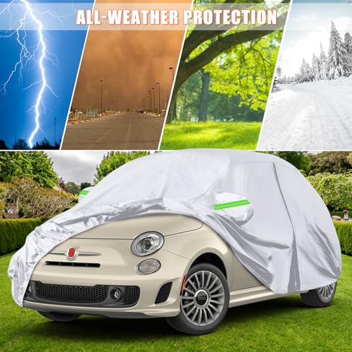 Image of Waterproof Car Covers Replace for 2007-2024 Fiat 500 /500C, 6 Layers Silver All Weather Car Cover with Zipper Door & Windproof Bands for Snow Rain Dust Protection